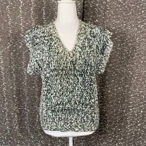 Vintage MS Sport Wool Blend White Green Gray V-Neck Chunky Knit Sweater Vest